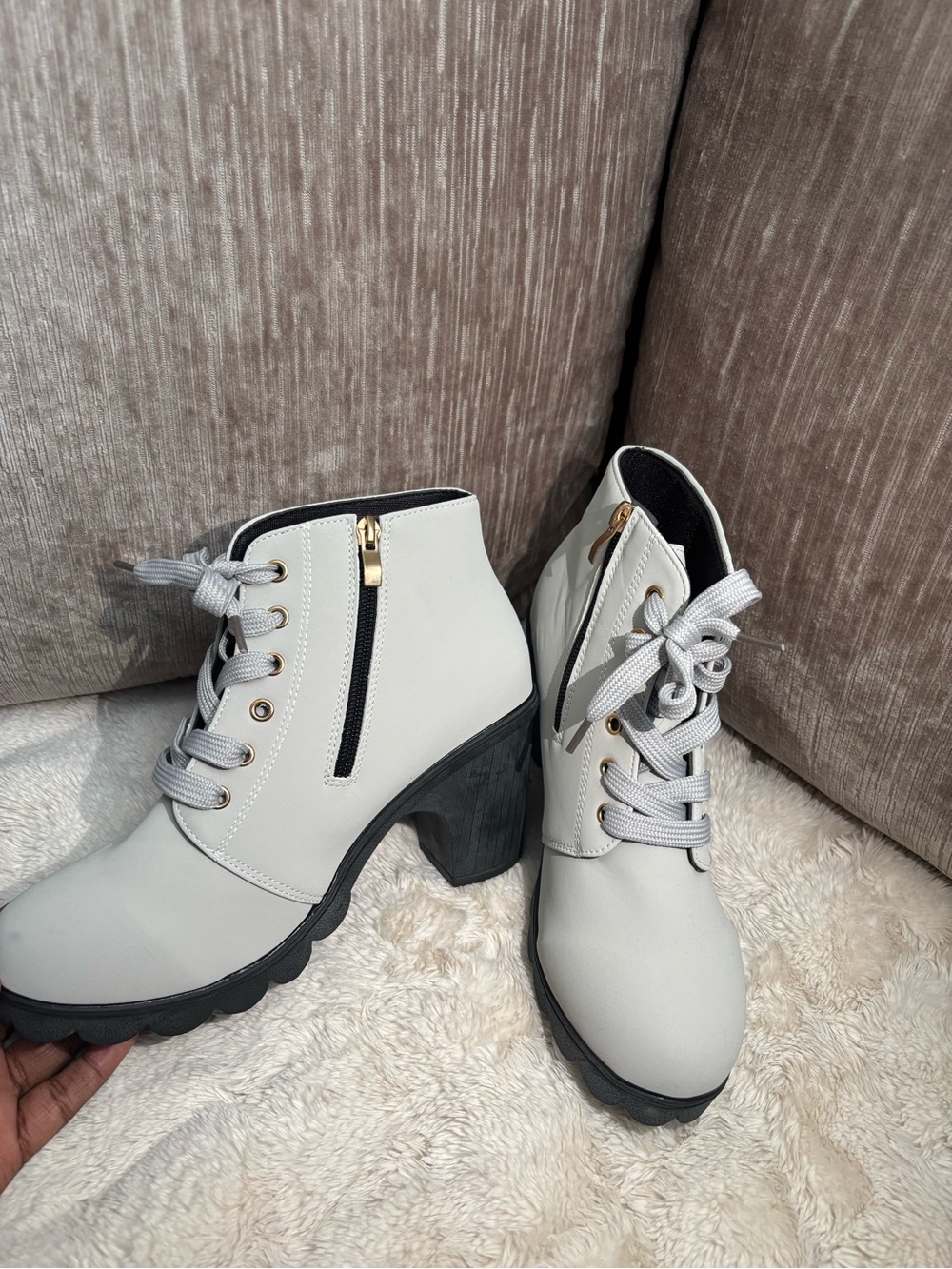 Light Gray Lace-Up Chunky Heel Booties